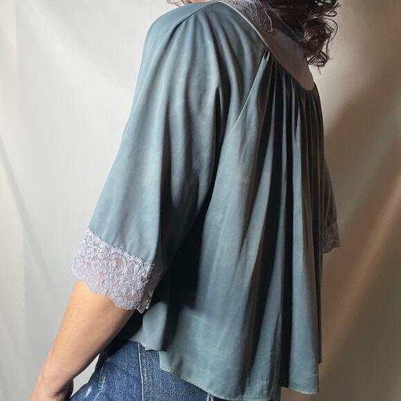 Vintage 60s lace trimmed bed jacket tie dye dyed teal blue cropped layering M - Picture 14 of 17